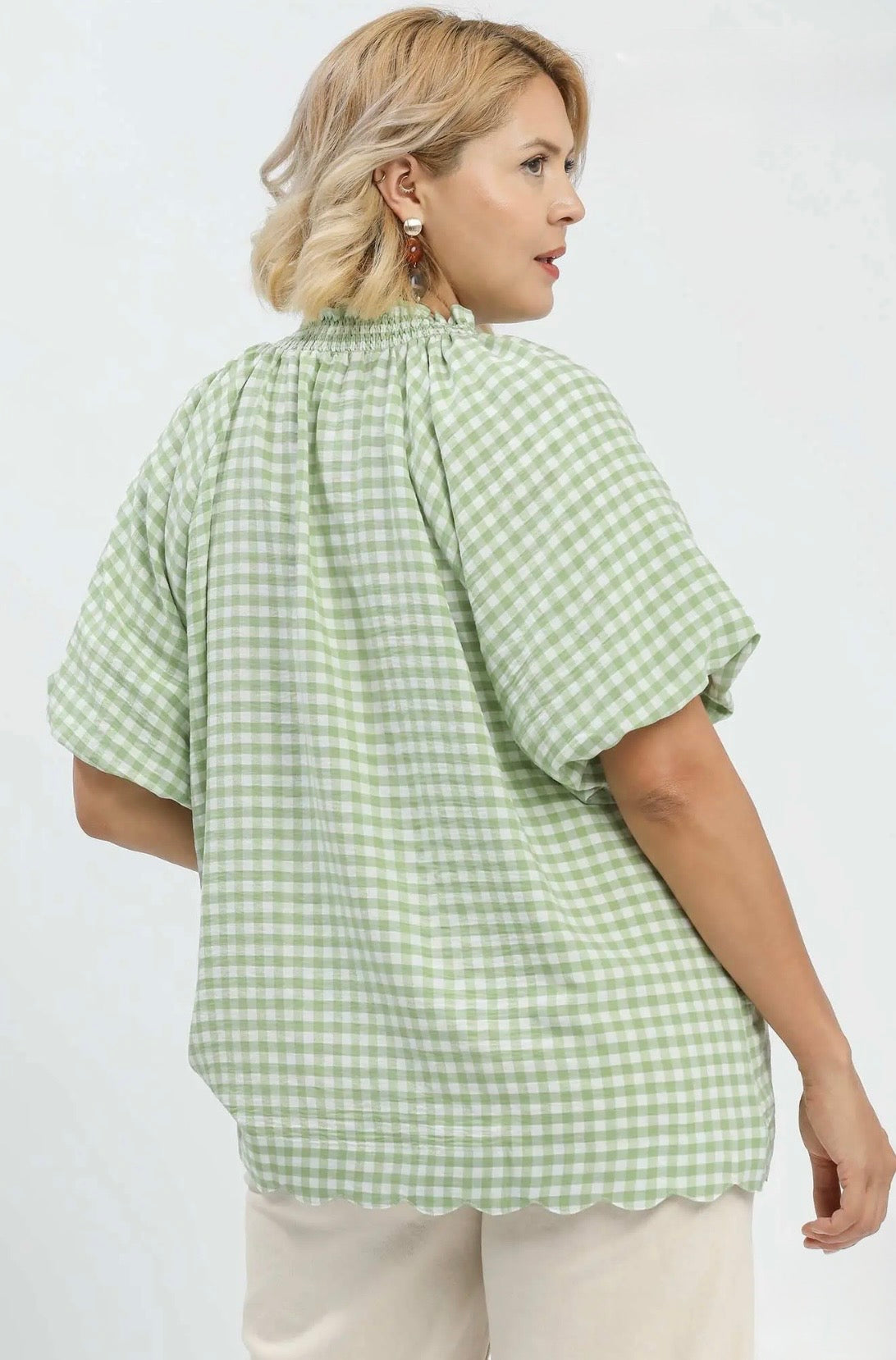 Gingham Bubble Sleeve Top Curvy