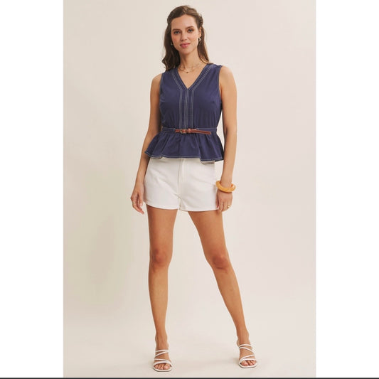 Belted Cotton Top with Contrast Stitch