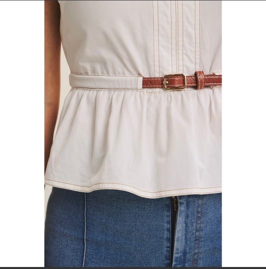 Belted Cotton Top with Contrast Stitch