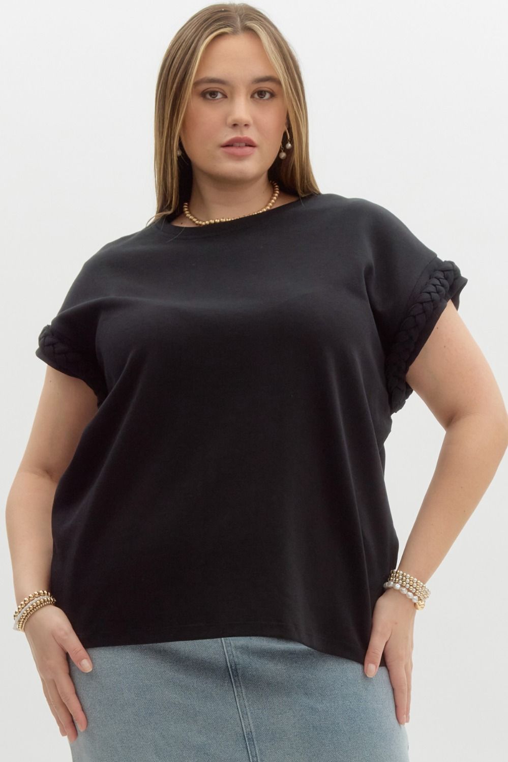Round Neck Tee with Braided Cuff Detail