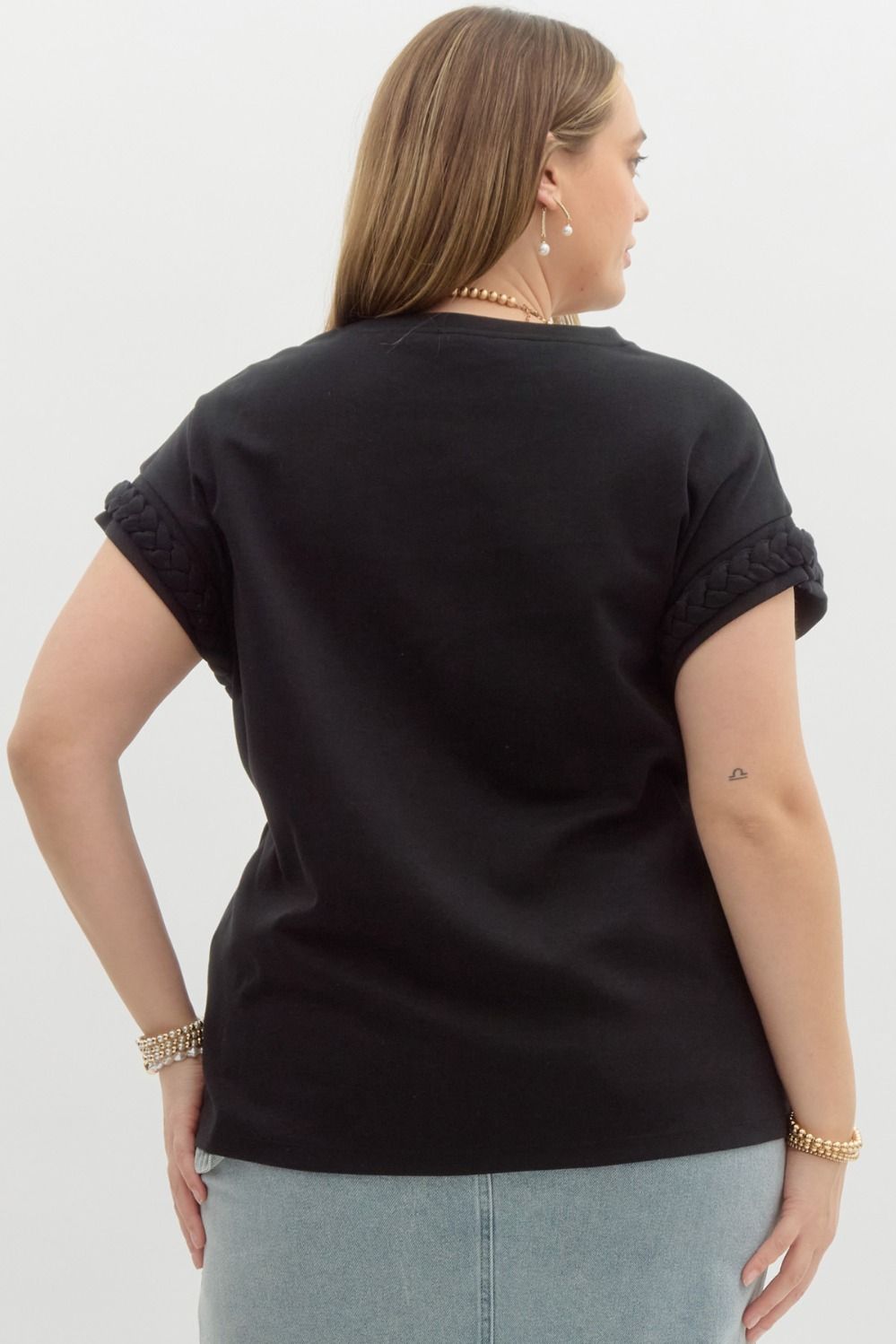 Round Neck Tee with Braided Cuff Detail