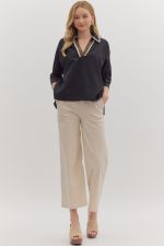 Leopard Trim V-Neck Blouse with Lace Detail