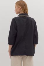 Leopard Trim V-Neck Blouse with Lace Detail