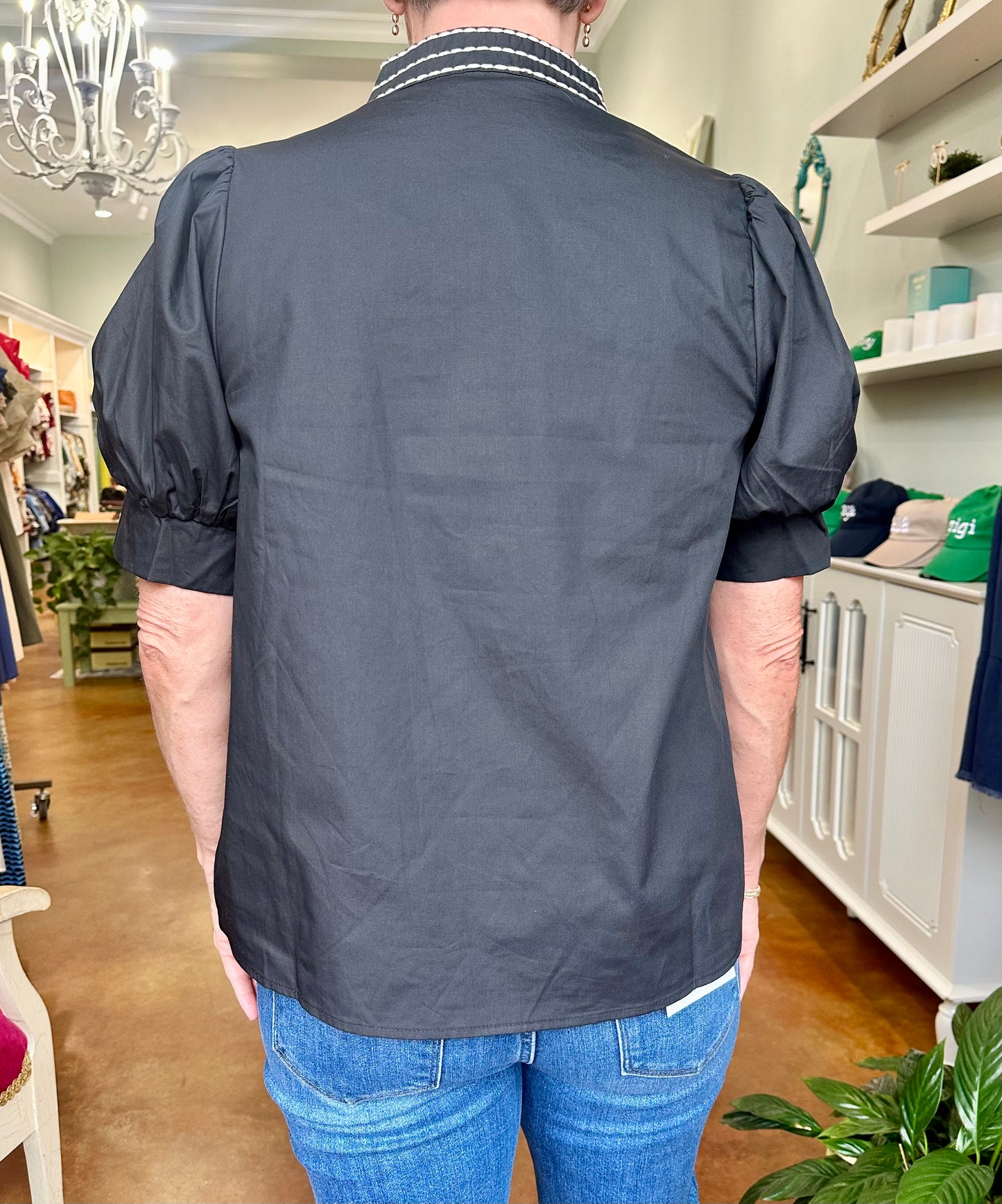 Black Embroidered Puff Sleeve Blouse