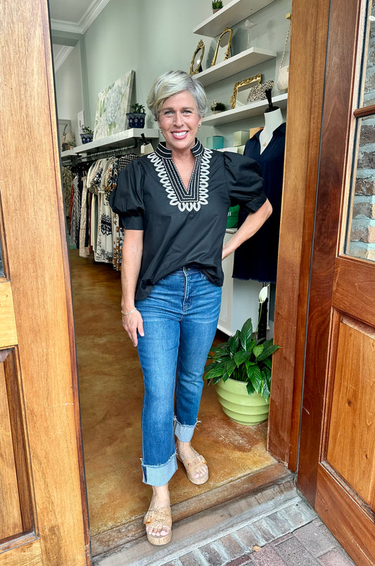 Black Embroidered Puff Sleeve Blouse