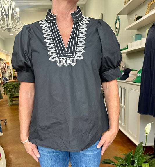 Black Embroidered Puff Sleeve Blouse