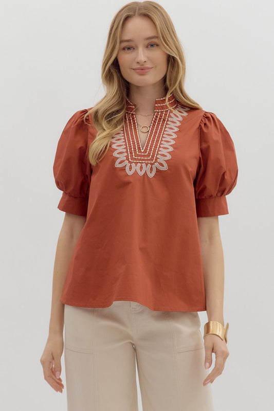Embroidered Rust Puff Sleeve Blouse
