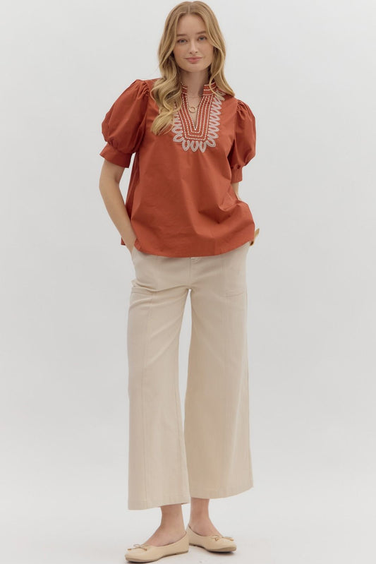 Embroidered Rust Puff Sleeve Blouse