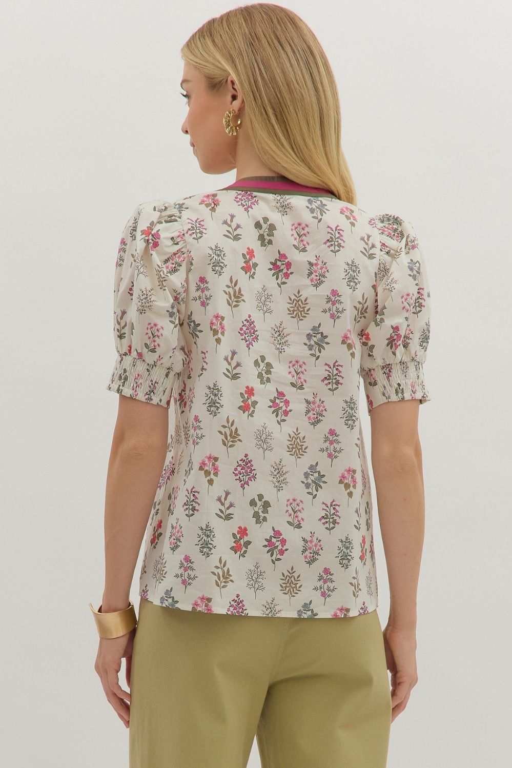 Contrast Trim Floral Puff Sleeve Blouse