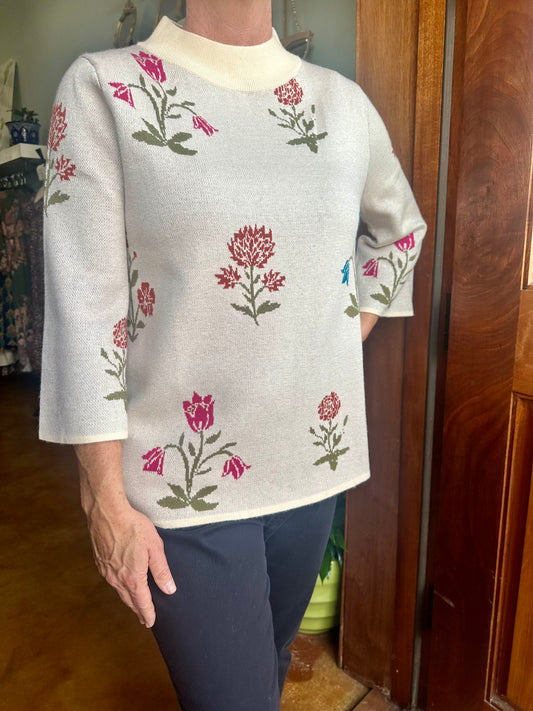 Floral Knit Sweater Top with Wide Sleeves