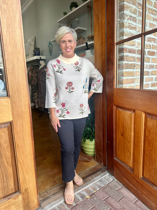 Floral Knit Sweater Top with Wide Sleeves