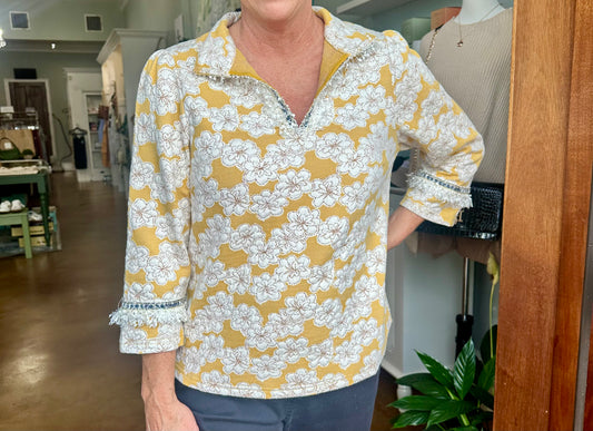 Tweed Trim Floral Knit Top