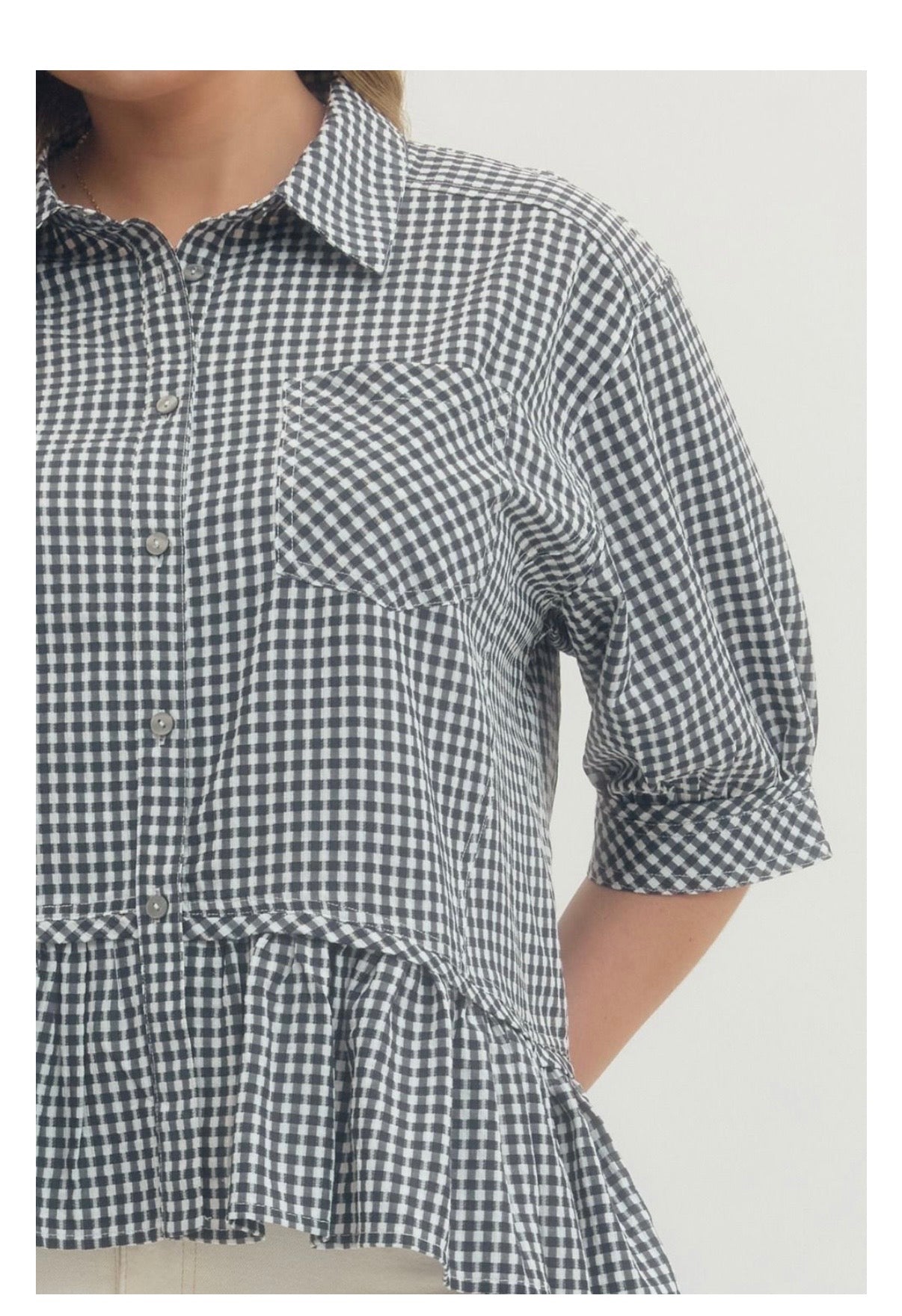 Gingham Check Button-Down Top Curvy