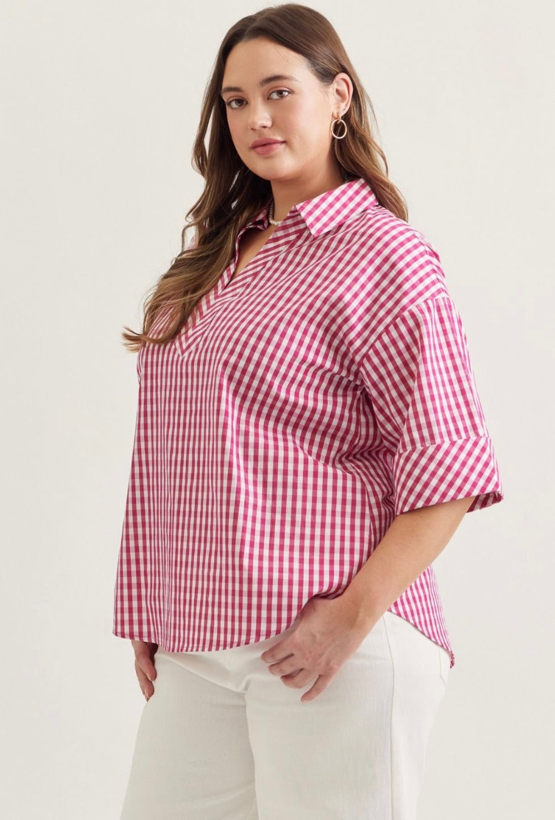 Gingham Print Collar Top Curvy
