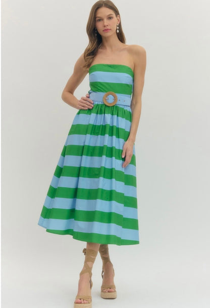 Striped Strapless Midi Dress