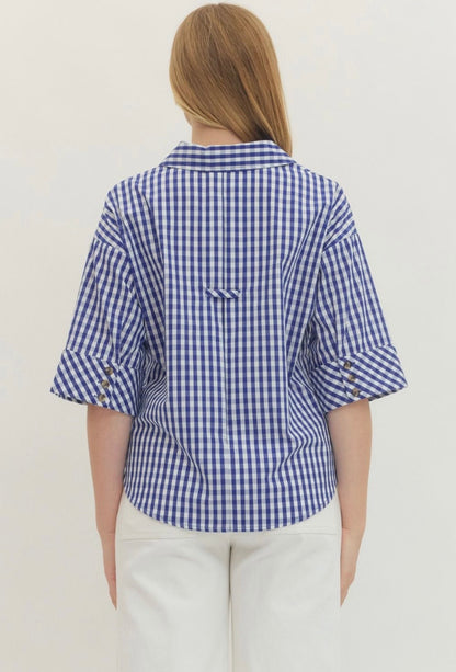 Gingham Print Collar Top Curvy