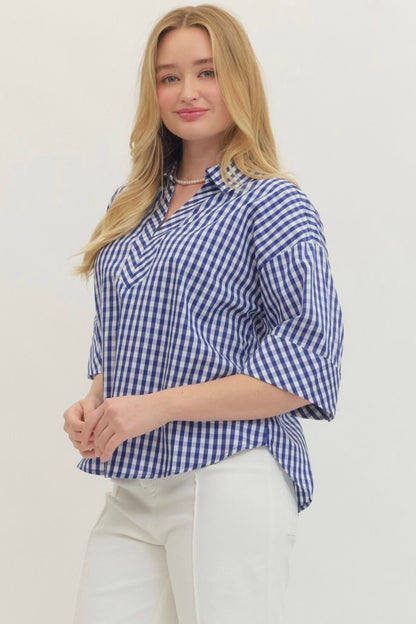 Gingham Print Collar Top Curvy