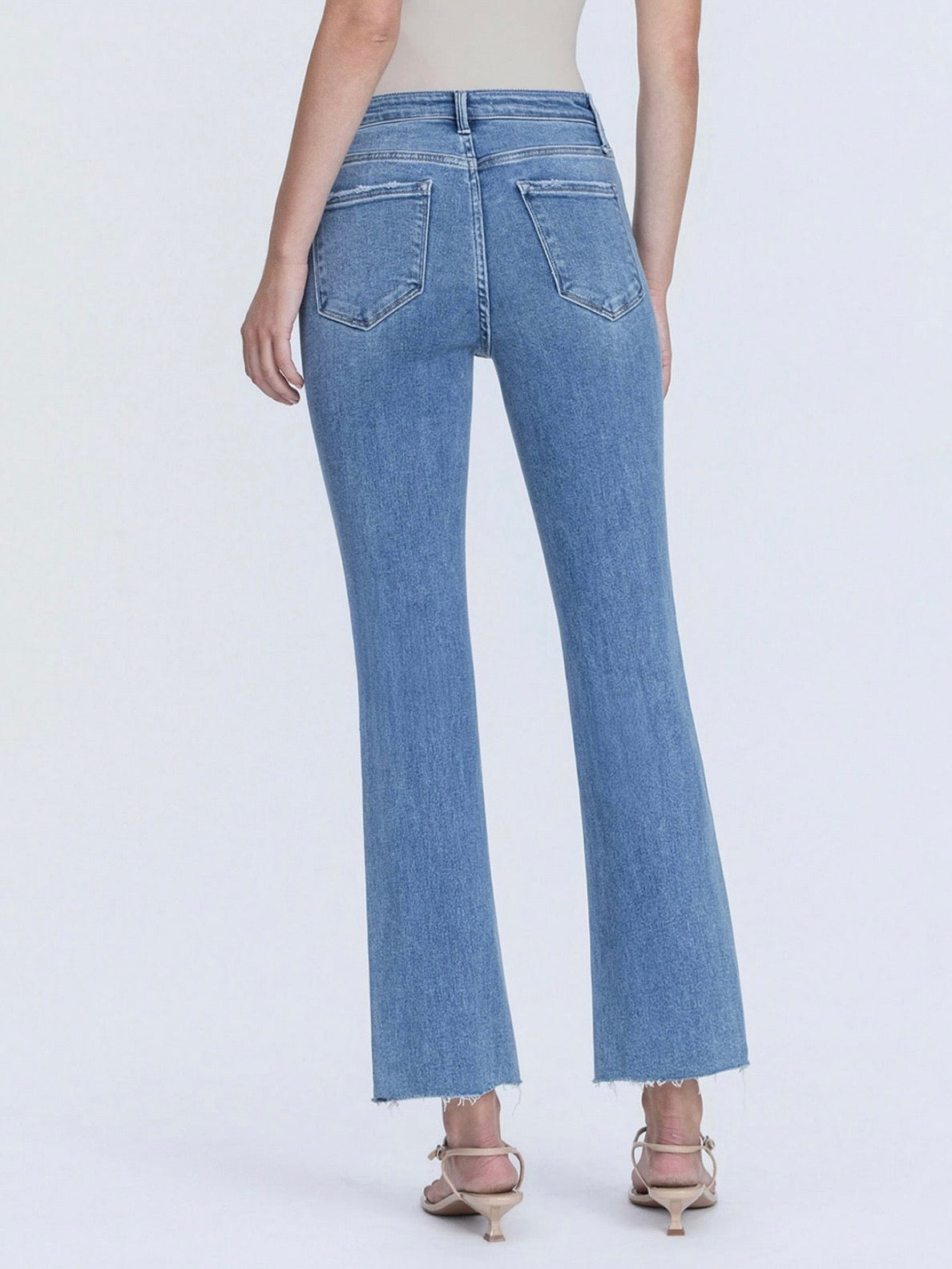 High Rise Clean Cut Raw Hem Crop Flare Jeans