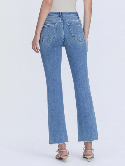High Rise Clean Cut Raw Hem Crop Flare Jeans