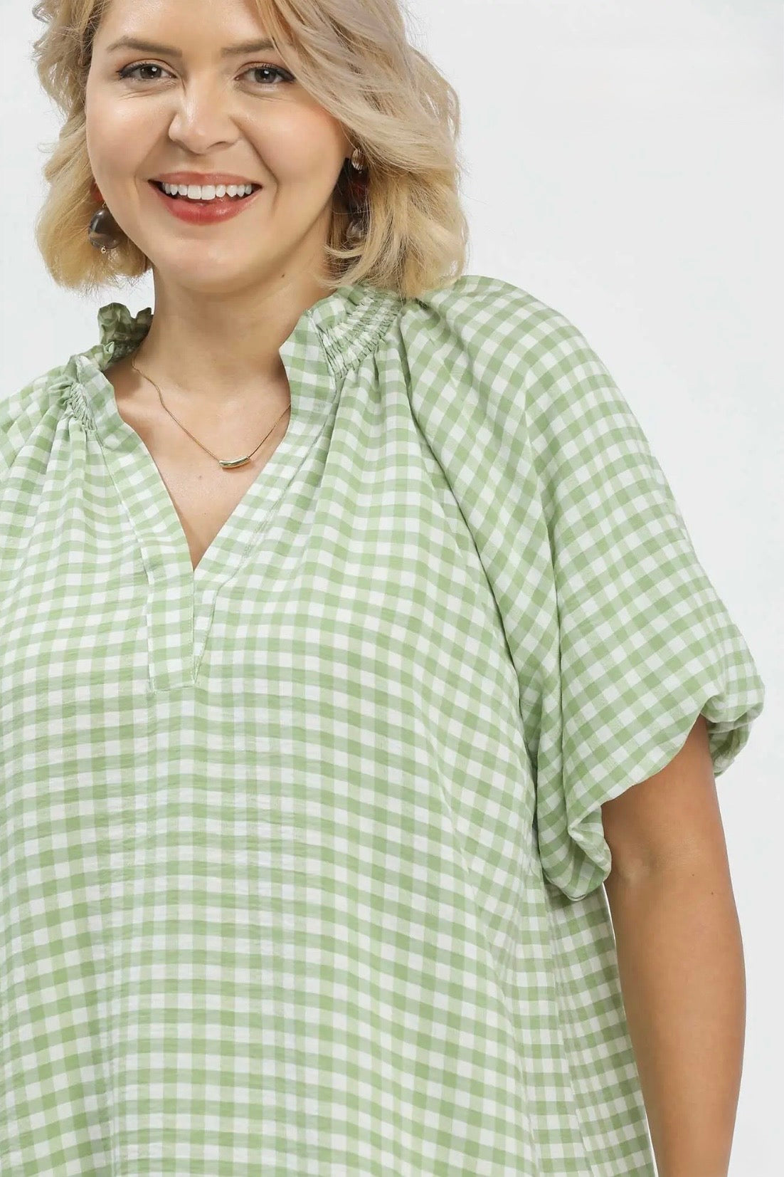 Gingham Bubble Sleeve Top Curvy