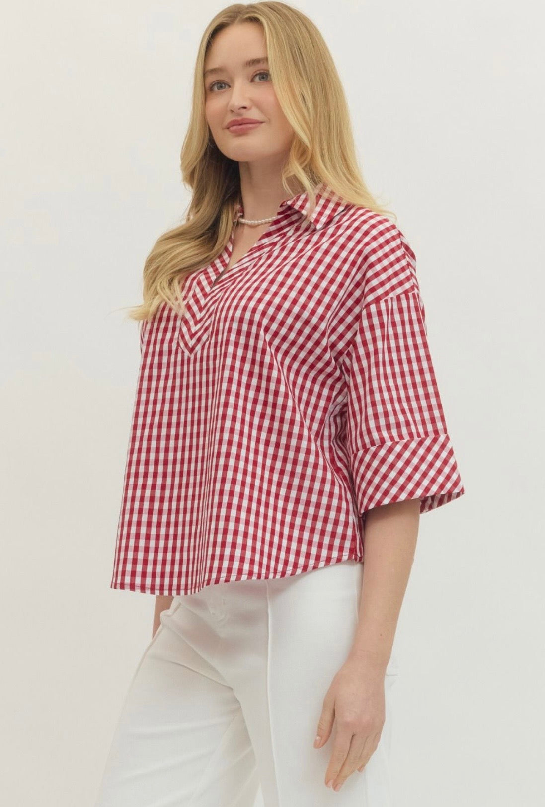 Gingham Print Collar Top Curvy
