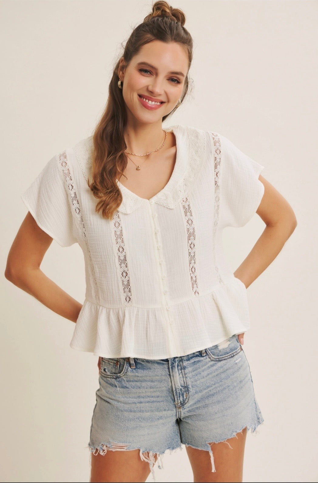 Cotton Gauze Lace Trim Babydoll Blouse