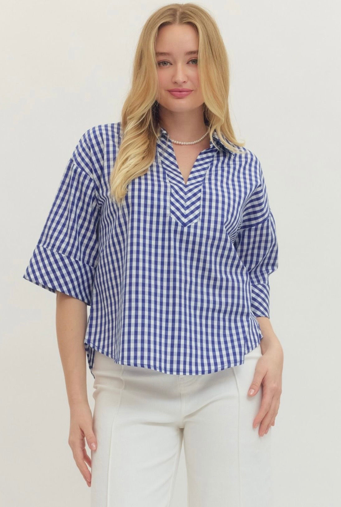Gingham Print Collar Top Curvy