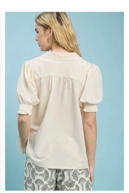 Seersucker Puff Sleeve Blouse