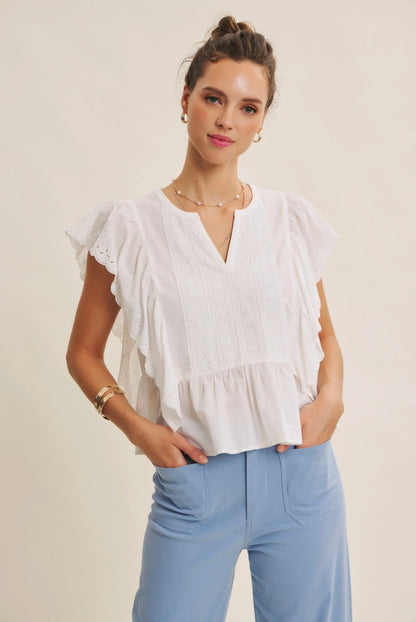 Eyelet Ruffled Cotton Poplin Blouse