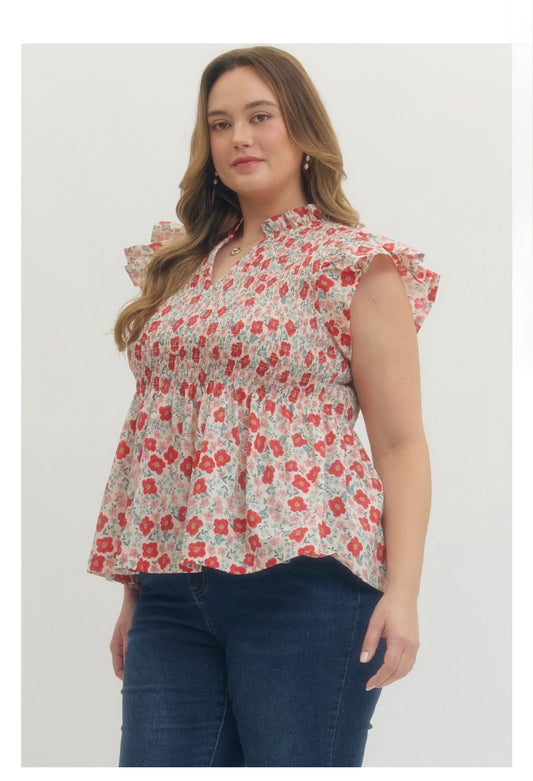 Floral Print Flutter Sleeve Top Curvy