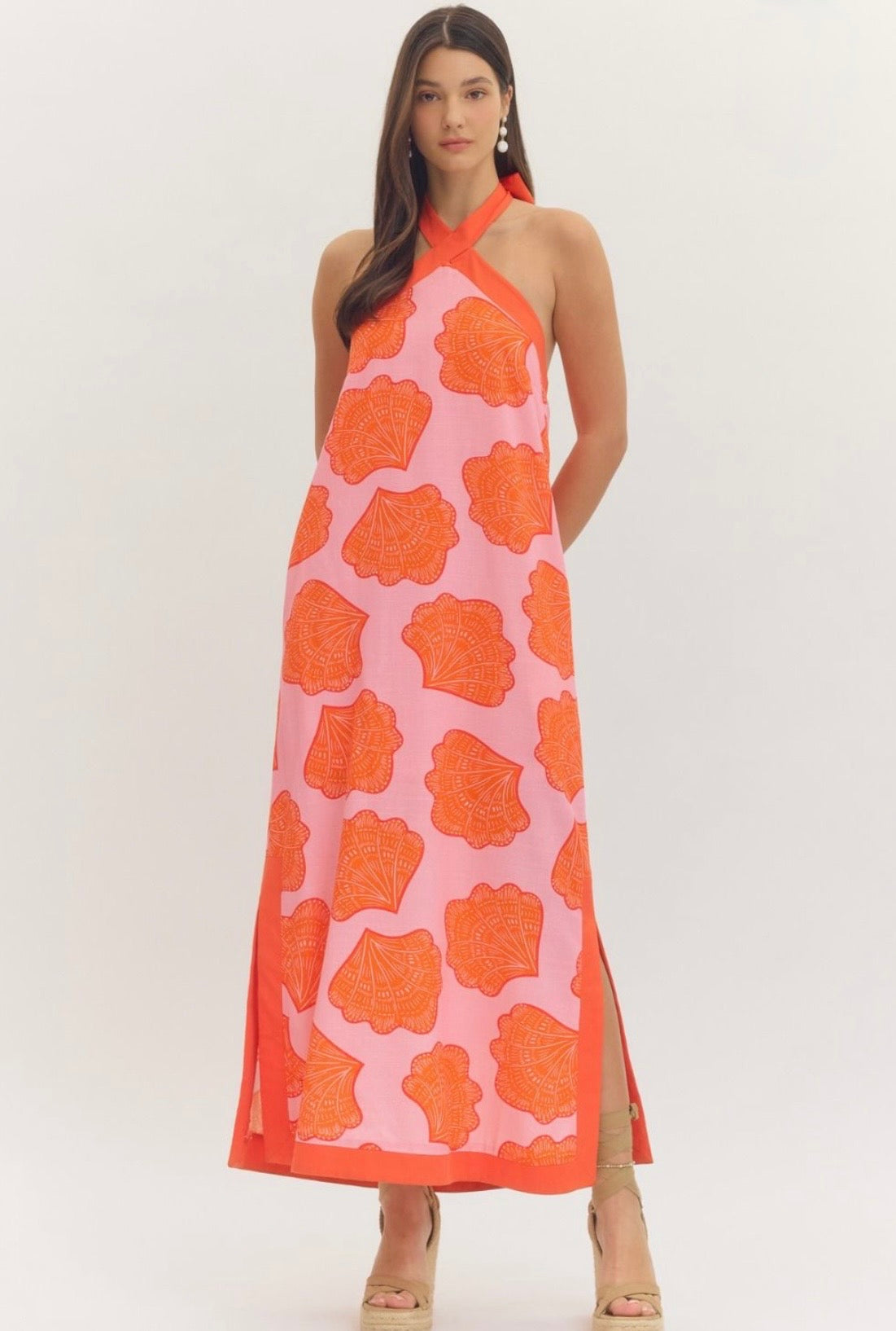 Shell Print Halter Neck Maxi