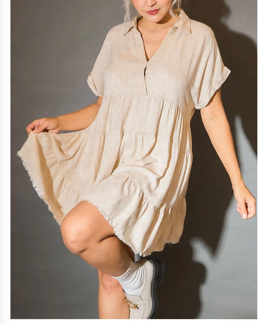 Linen Blend Tiered Babydoll Dress