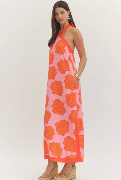 Shell Print Halter Neck Maxi