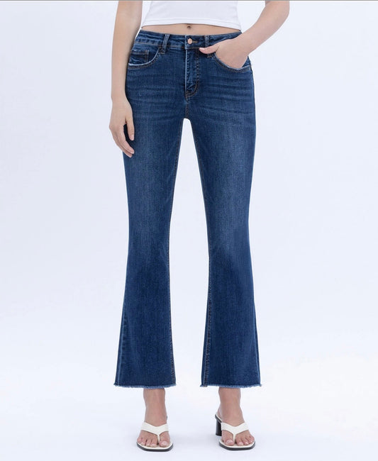 High Rise Raw Hem Kick Flare Jeans w/ Tummy Control