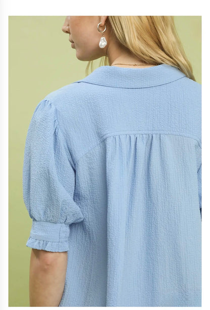 Seersucker Puff Sleeve Blouse