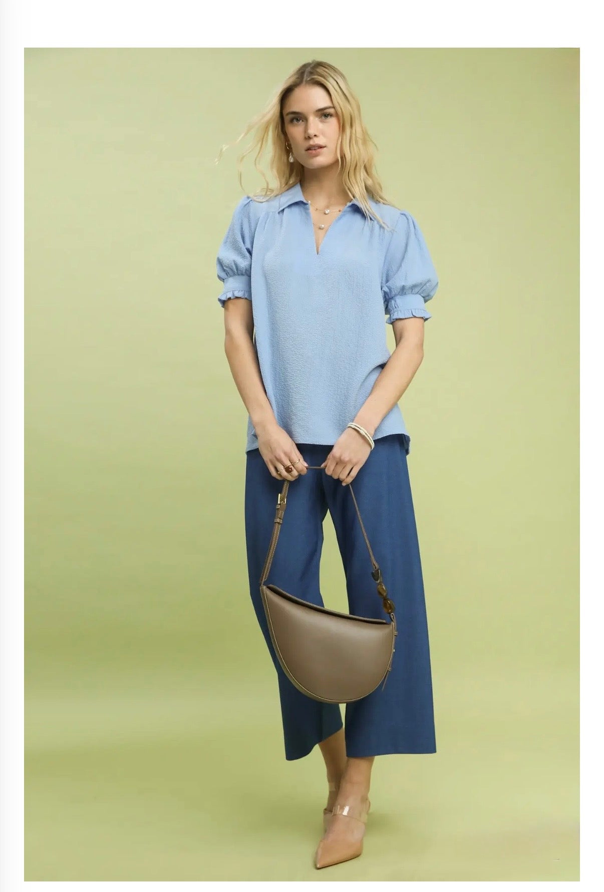 Seersucker Puff Sleeve Blouse