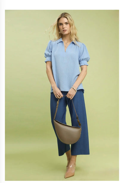 Seersucker Puff Sleeve Blouse