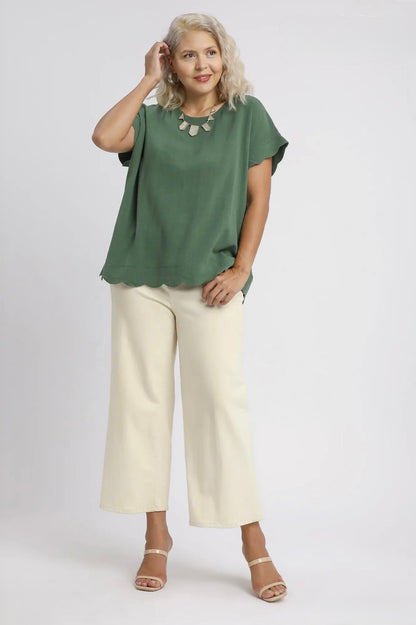 Scallop Hem Linen Blend Top Curvy