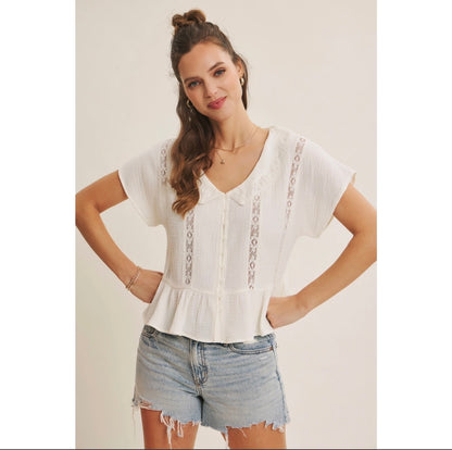 Cotton Gauze Lace Trim Babydoll Blouse