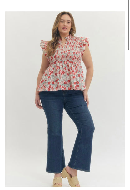 Floral Print Flutter Sleeve Top Curvy