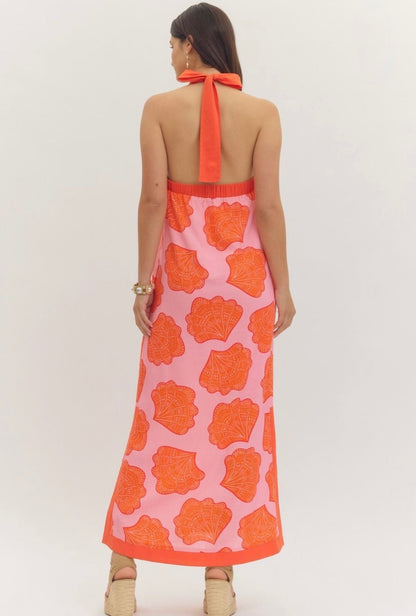 Shell Print Halter Neck Maxi
