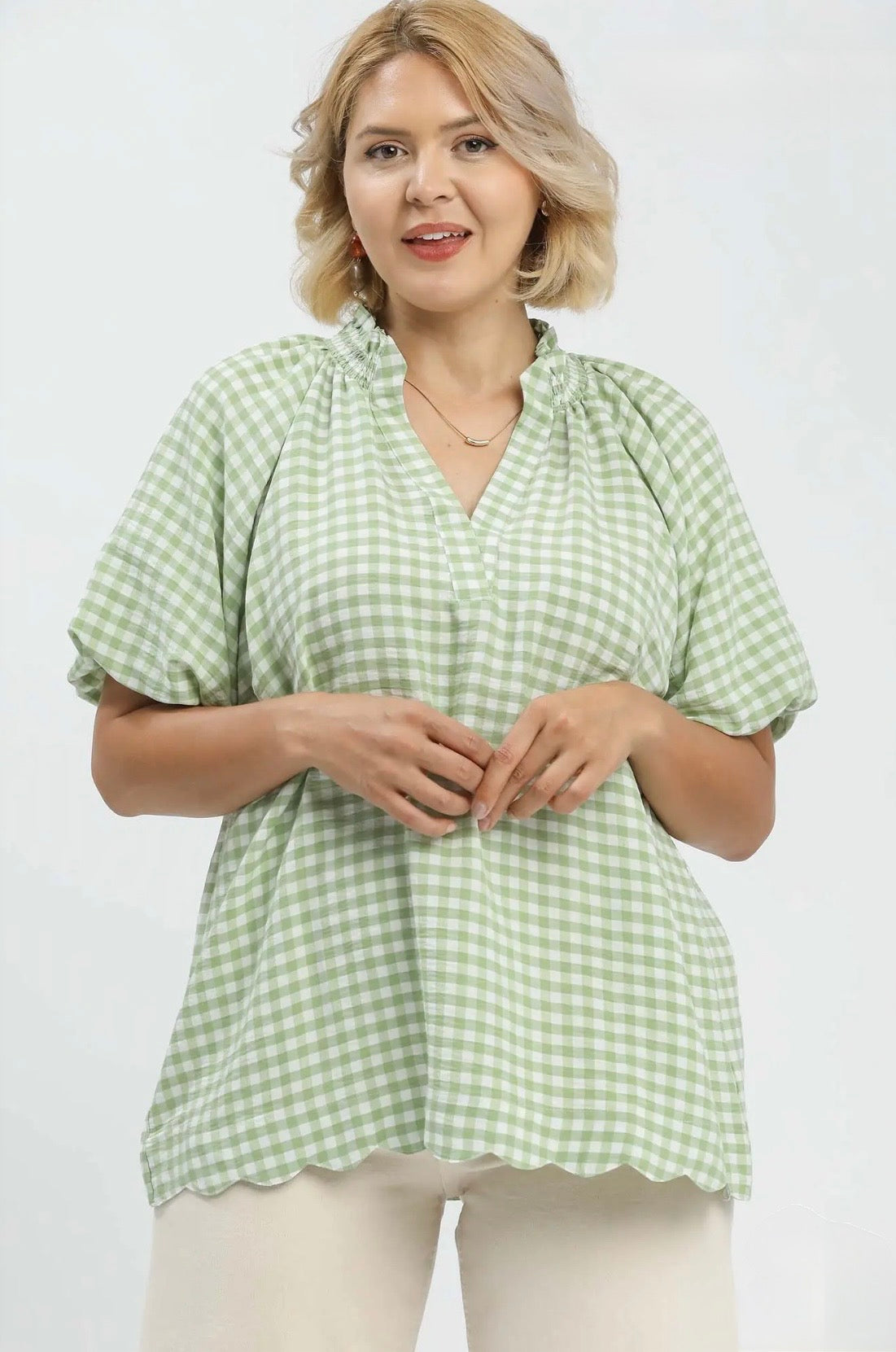 Gingham Bubble Sleeve Top Curvy