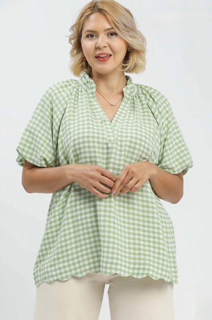 Gingham Bubble Sleeve Top Curvy