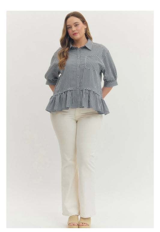 Gingham Check Button-Down Top Curvy