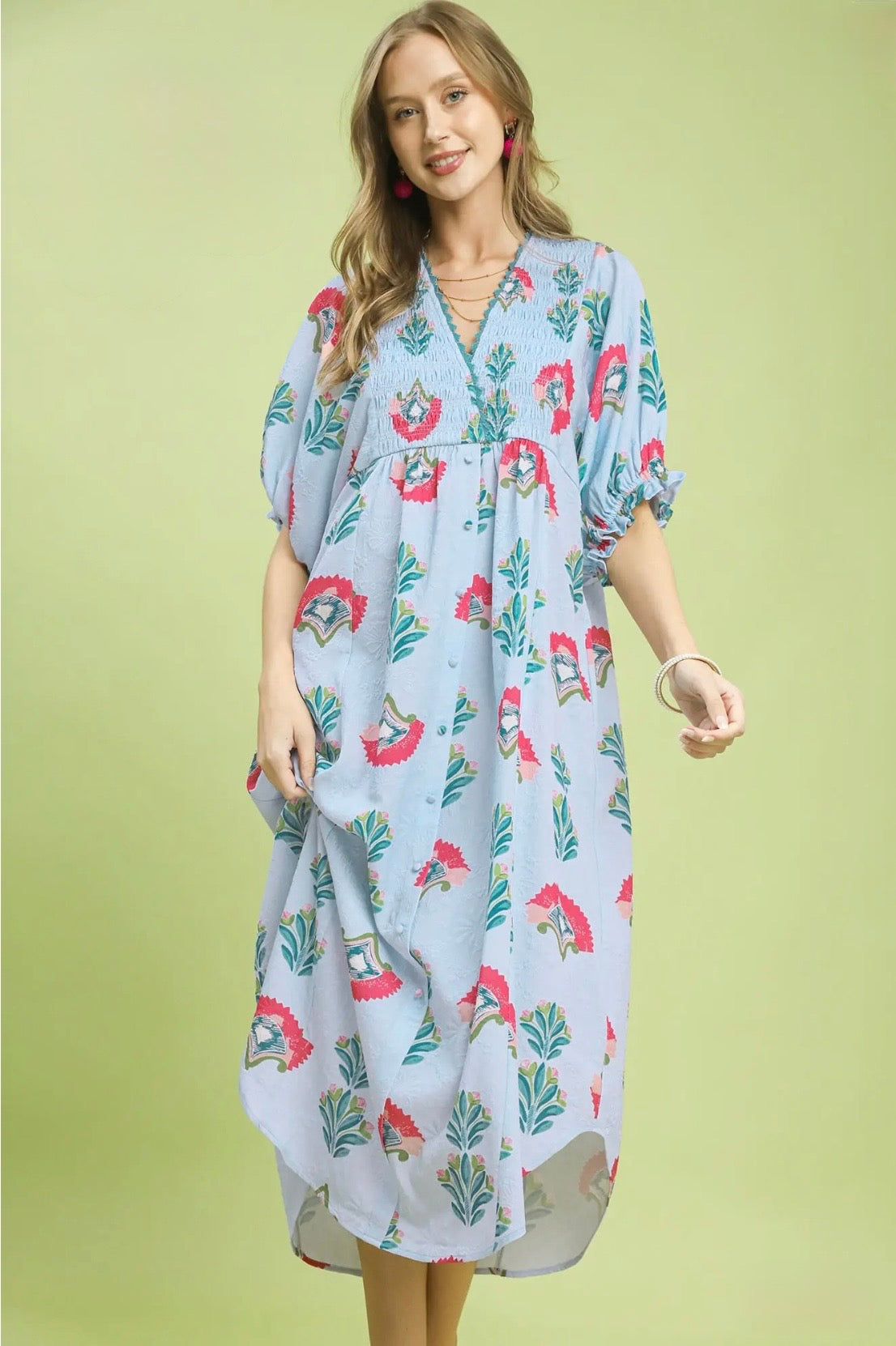 Abstract Print V-Neck Midi Dress