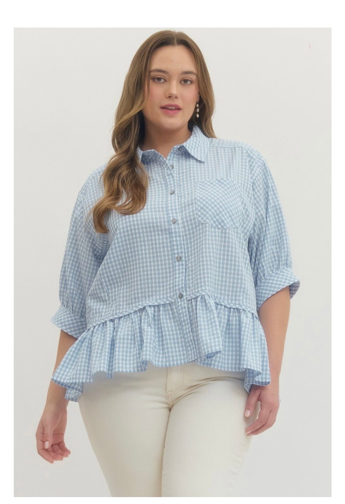 Gingham Check Button-Down Top Curvy