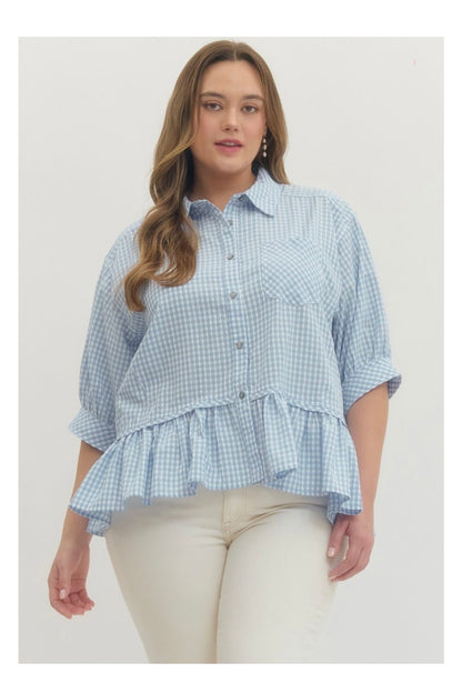 Gingham Check Button-Down Top Curvy