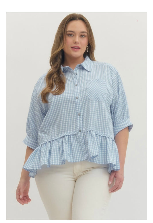 Gingham Check Button-Down Top Curvy