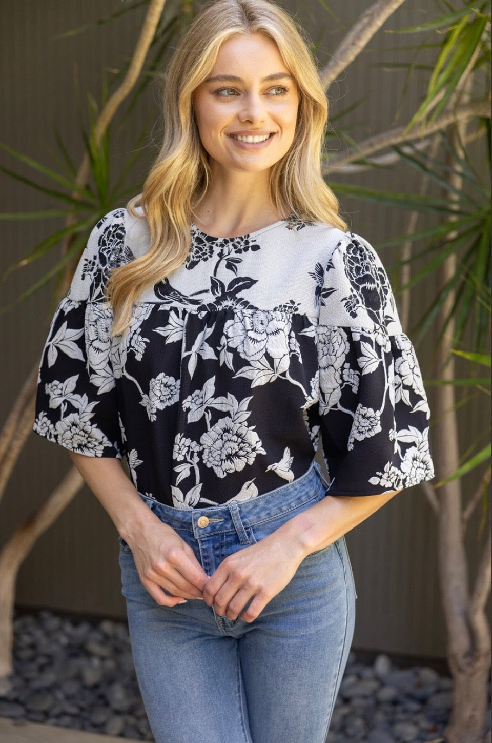 Contrast Floral Jacquard Top