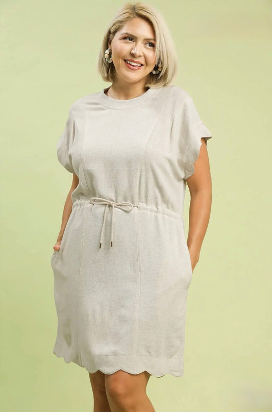 Linen Blend Scallop Hem Mini Dress Curvy